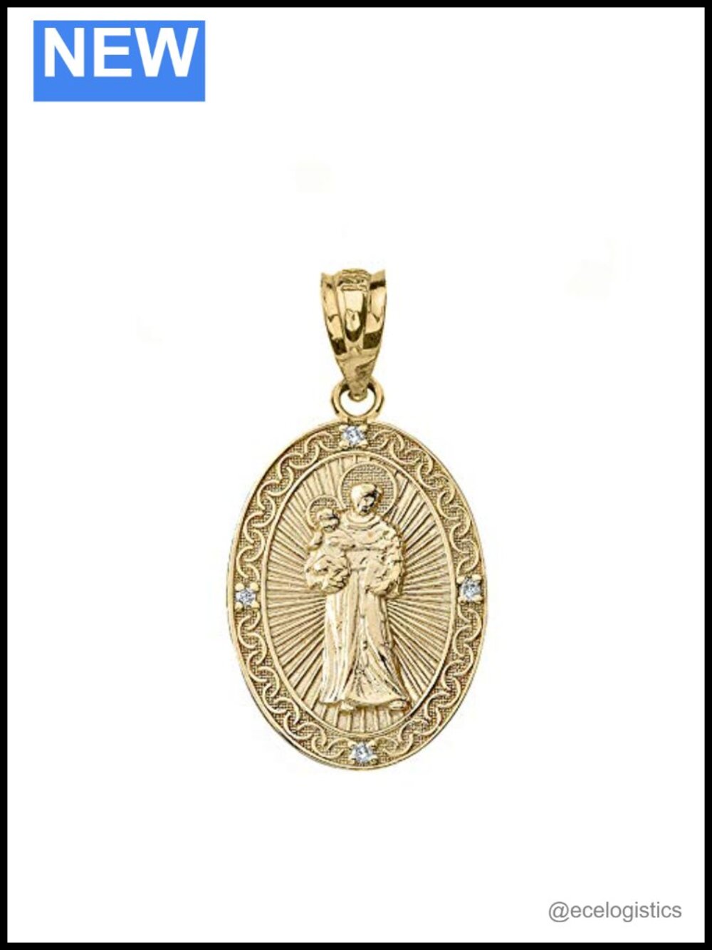 Solid 10k Gold St Anthony of Padua Diamond Oval Medal Pendant 1"